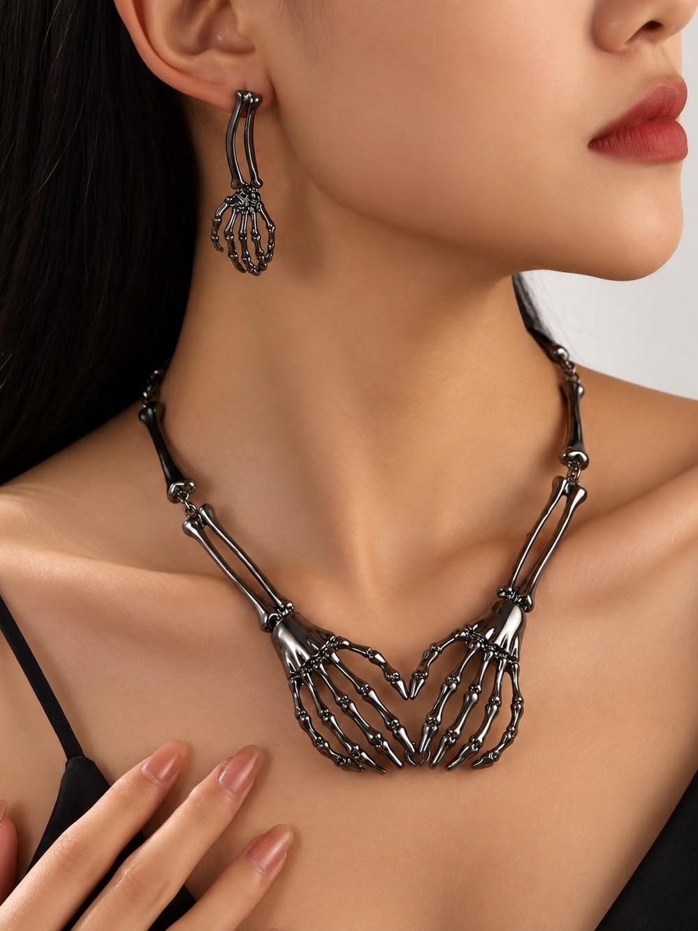 Gunmetal Skeletal Hand Necklace — Edgy Women’s Statement Necklace